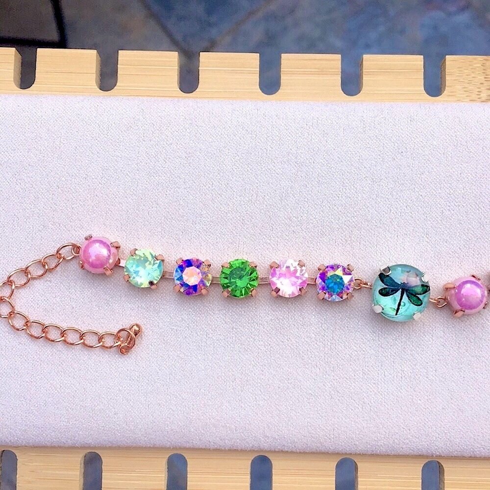 Pink Opal Aurora Borealis + Peridot Dragonfly Charm Crystal Tennis Bracelet - Picture 11 of 16